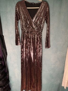 Shiny Faux Wrap Long Dress